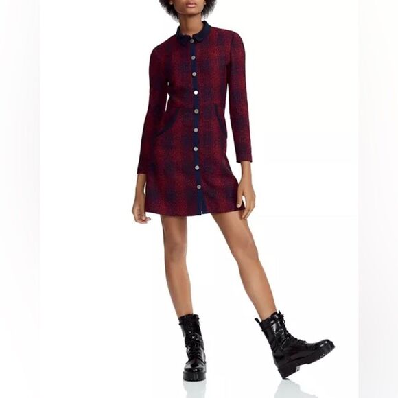MAJE Renitia Tweed Mini Shirt Dress In Checked red/blue NWT SIZE 4/ us XL - Picture 1 of 6